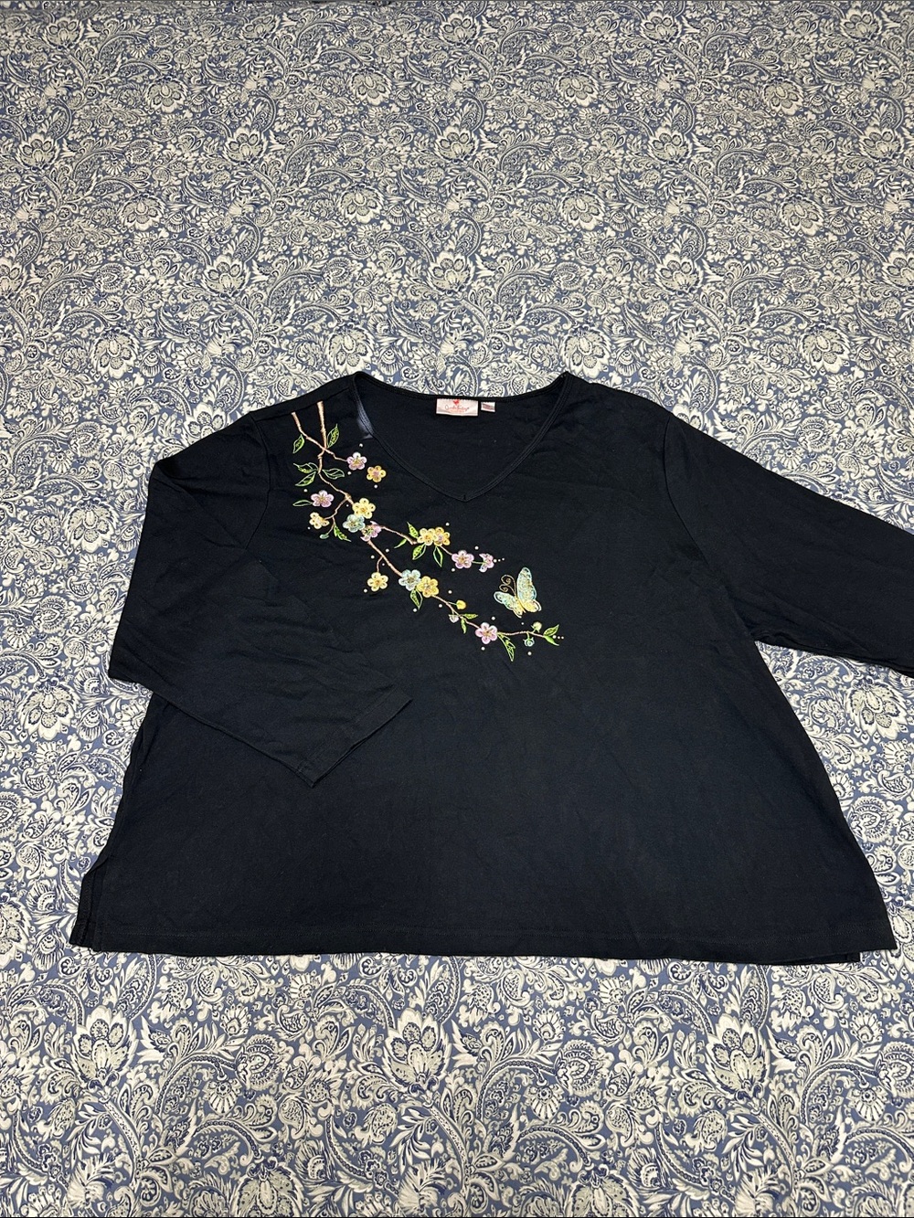 Quacker Factory Black V-Neck Long Sleeve Top with Floral Embroidery